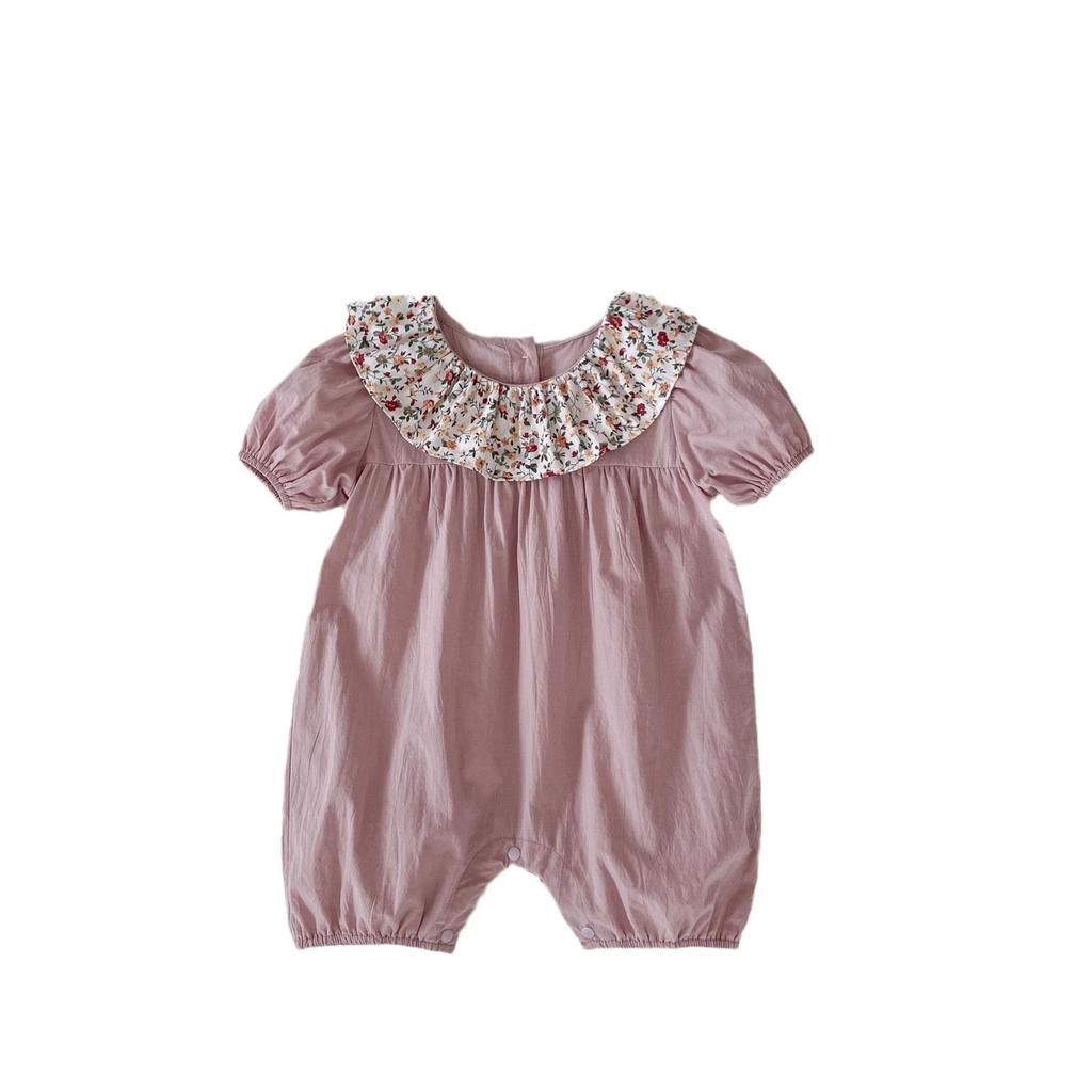 Baby Girl Summer Lightweight Floral Short Sleeve Romper with Peter Pan Collar