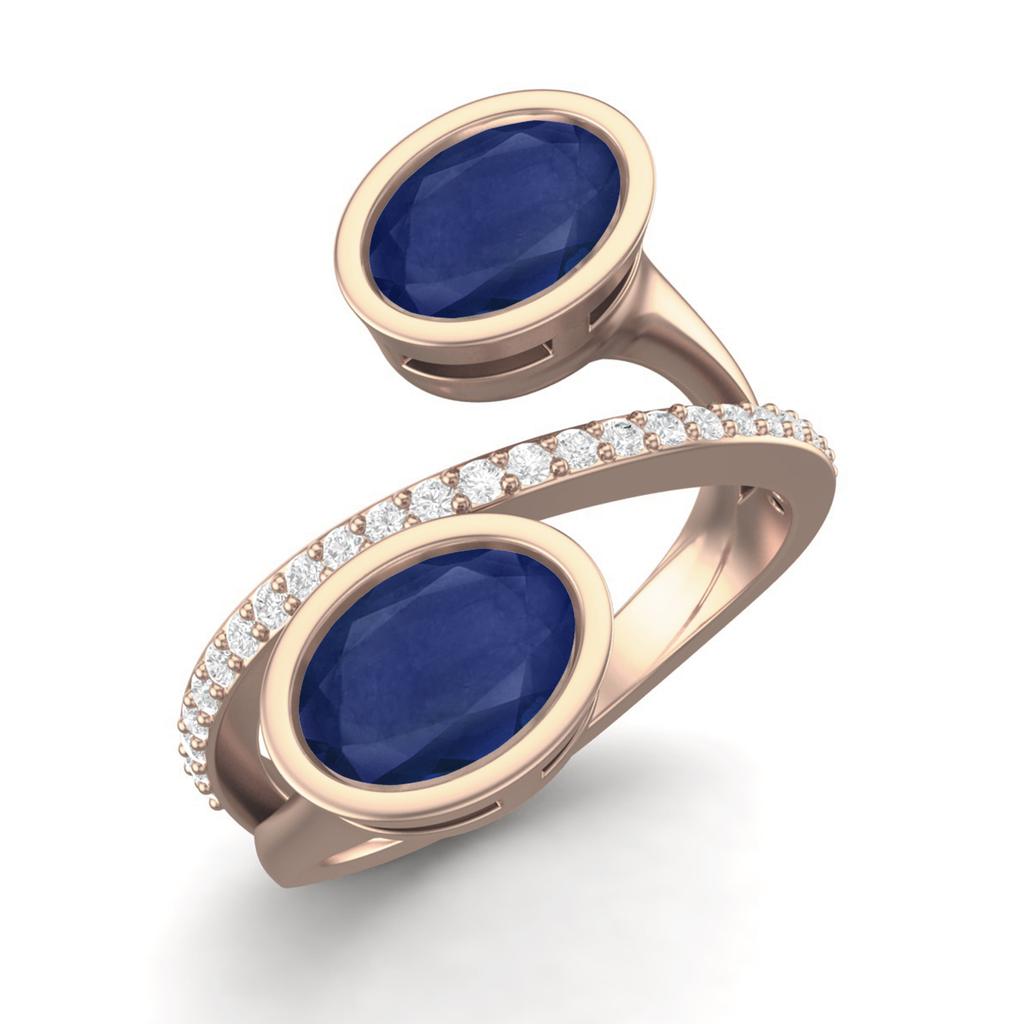Dual Stone 925 Sterling Silver Rose Vermeil 2.36 Cts Oval Blue Sapphire Women Engagement Bypass Ring