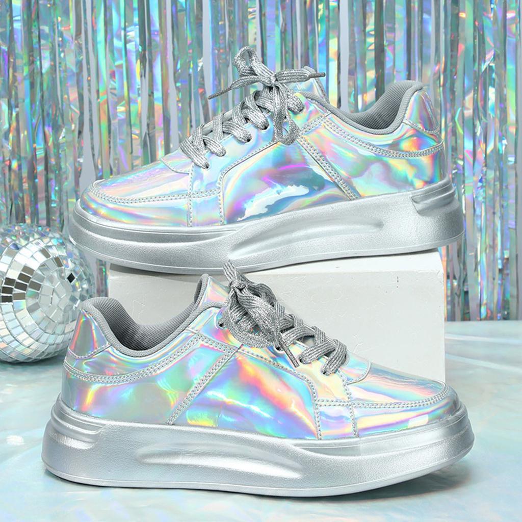 Women Casual Shoes Fashion Breathable Walking Sneakers Couples Fashion Thick Soled Sequins Lace Up Heightening Casual Tenis