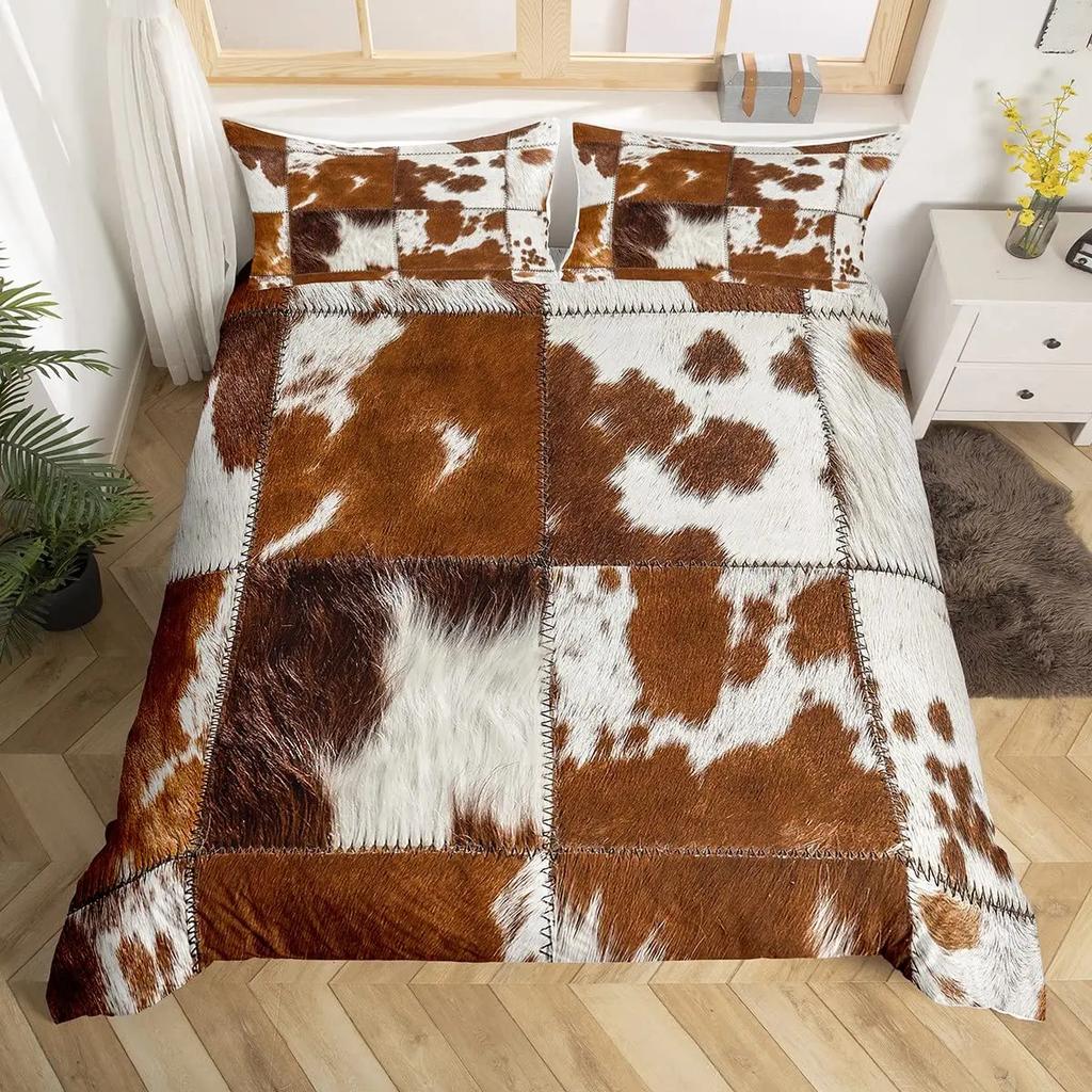 Cowhide Duvet Cover Cow Fur Bedding Set Microfiber Western Farm Animal Skin Comforter Cover Twin Full For Kids Teens Room Decor