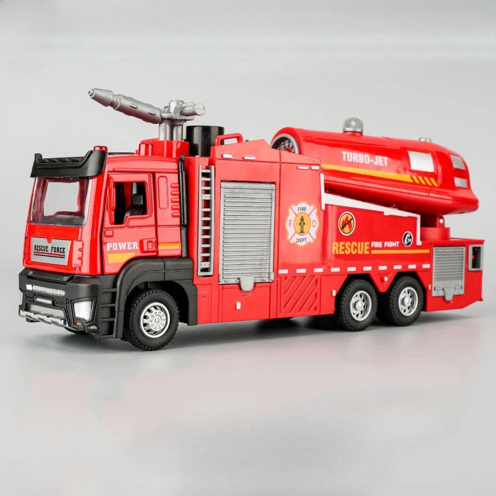 1:32 Scale Water Spray Fire Truck Model Ladder Trucks Toy Car Sound Light Pull Back Doors Opened Vehicle Collection Boys Gift
