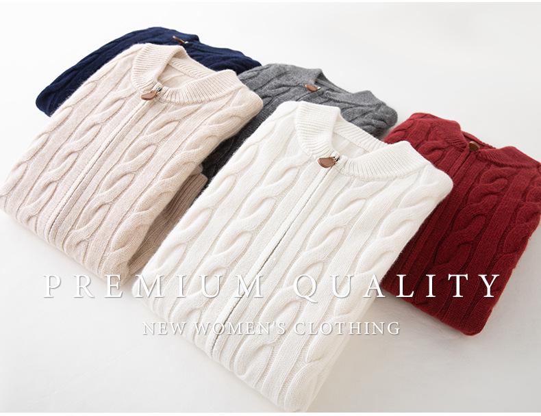 Women's Wool Double Zipper Cable Knit Cardigan - Autumn/Winter Fashion Coat