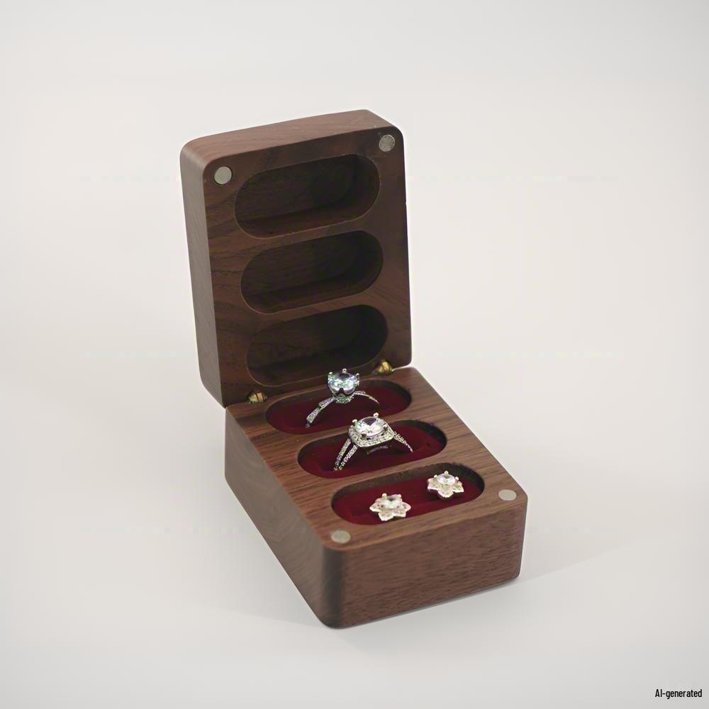 Black Walnut Wood Ring/Earring Storage Box, Three Anti-Oxidation Slots