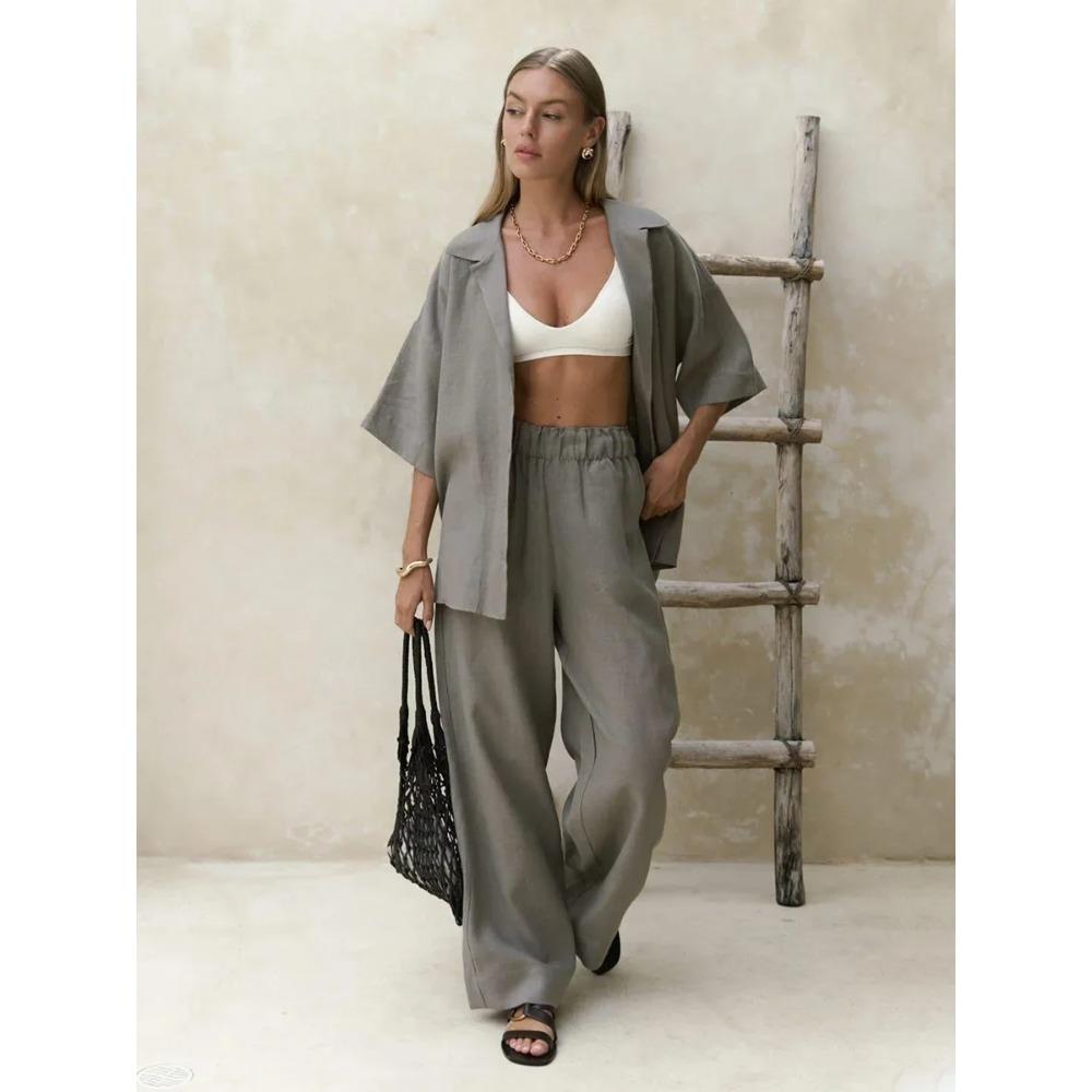 100% Baumwolle Kurzarmhose 2-teiliges Set Damen Einfarbig Kurzarmshirt Lockere Hose Freizeitset