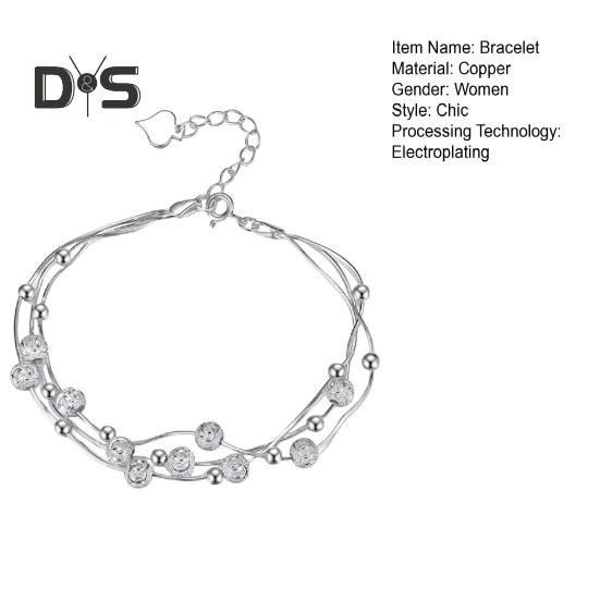 Women Bracelet Three-layered Stacking Bead Polished Pure Color Alloy Adjustable Lobster Clip Shopping Work Party Dating Wrist Chain Lady Jewelry