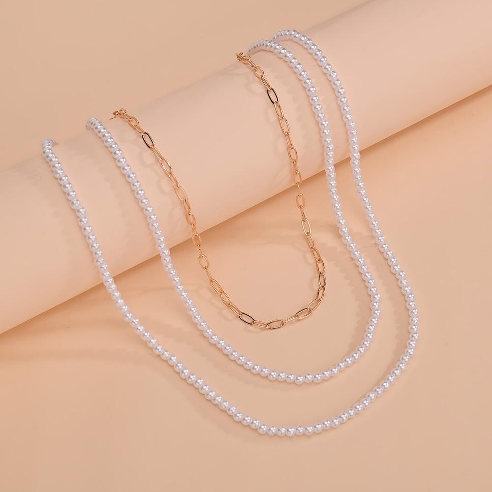 Simple trend pearl alloy chain multi-layer women's necklace accessories supply