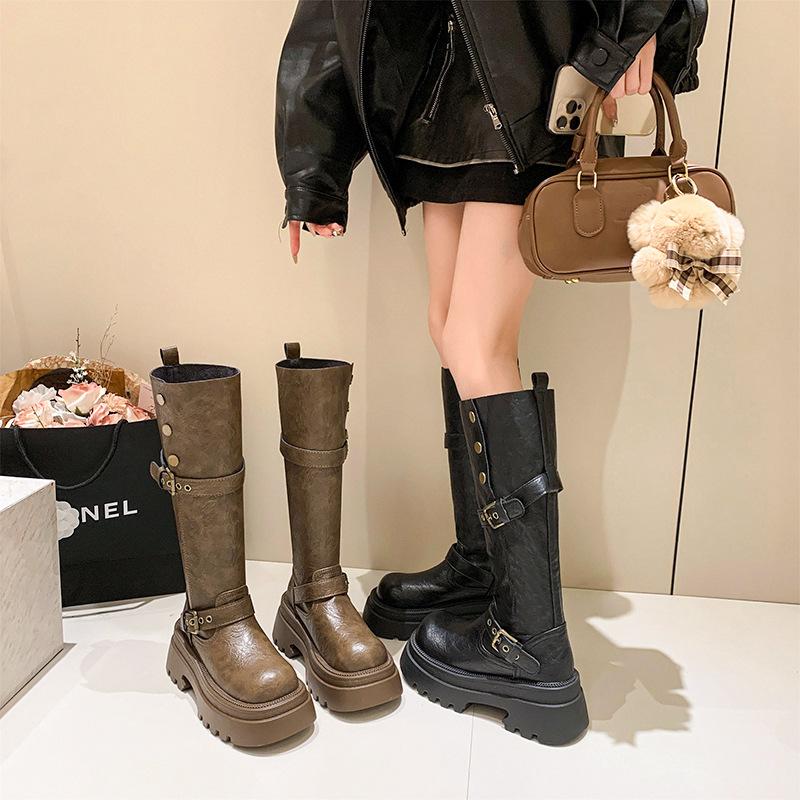 Retro but knee thick-soled boots for women's 2025 new autumn and winter explosions show thin, small and heightened knight boots