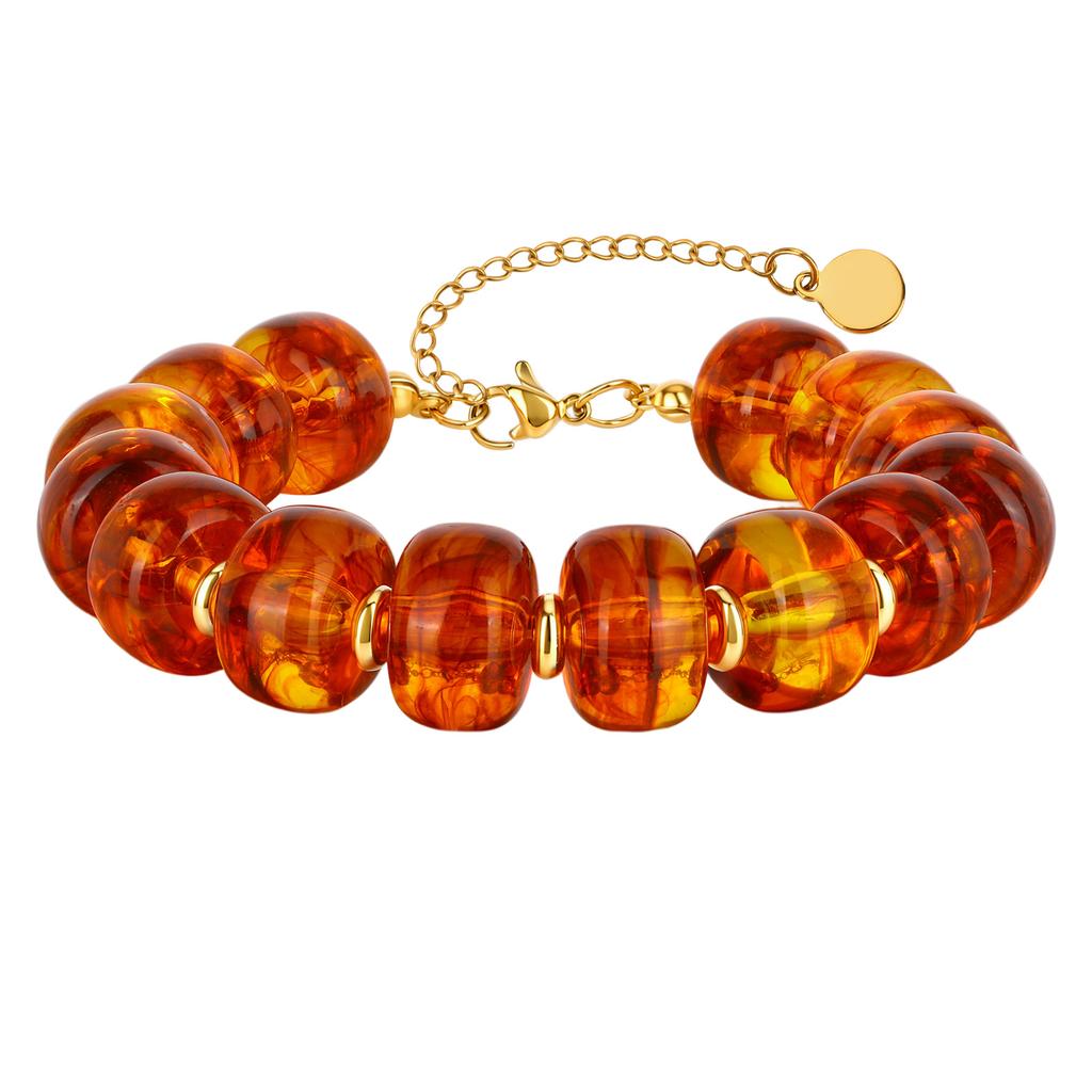 Bohemian Multi Color Resin Bead Bracelet for Women,18K Gold Plated Stainless Steel, Waterproof Summer Beach Vacation Jewelry