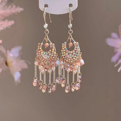 Zircon Pearl Colored Crystal Fringed Earrings Fashionable Retro Temperament Earrings Niche Versatile High-end Earrings Women
