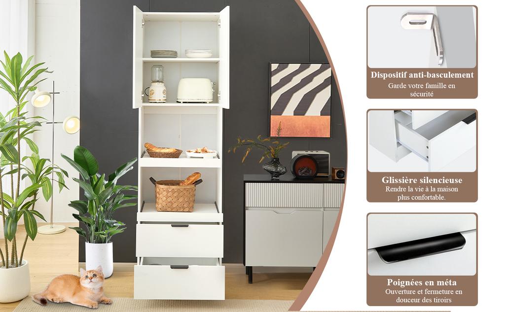 200cm High Kitchen Cabinets, Tall Cabinets with Anti-Tip Protection, Freestanding Multifunctional Cabinets for Dining Room, Living Room White