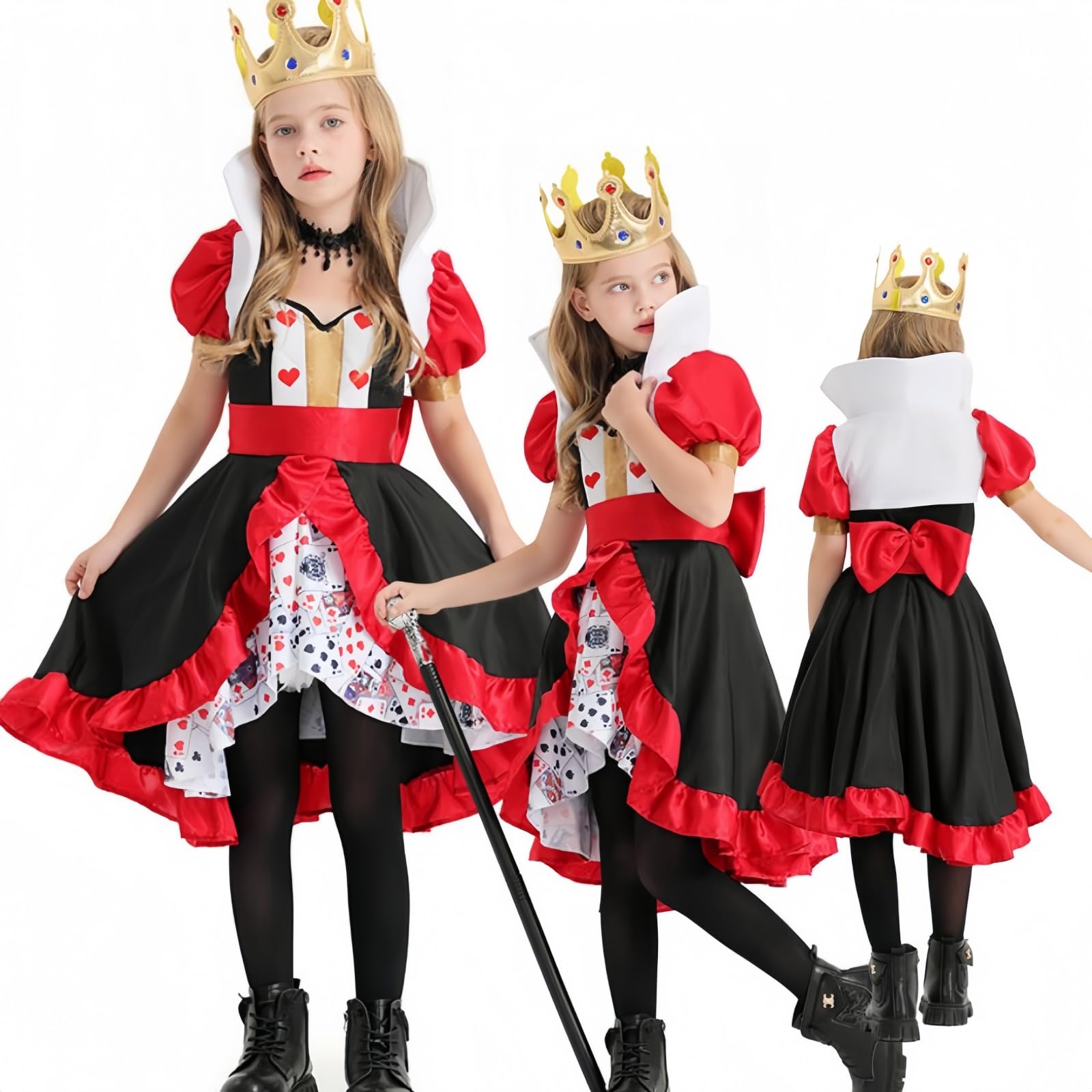 [JUNDOMECY] Queen of Hearts Cosplay Costume Set for Kids: Crown, Queen Dress, Halloween Costume, Red Queen, Cute Red Heart, Playing Cards, Voluminous,