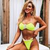 Frauen Dreieck Oversize Split Bikini Anzug Set Krawatte Seite G-String Tanga Badeanzug Spitze Klebeband Gelb Einfarbig