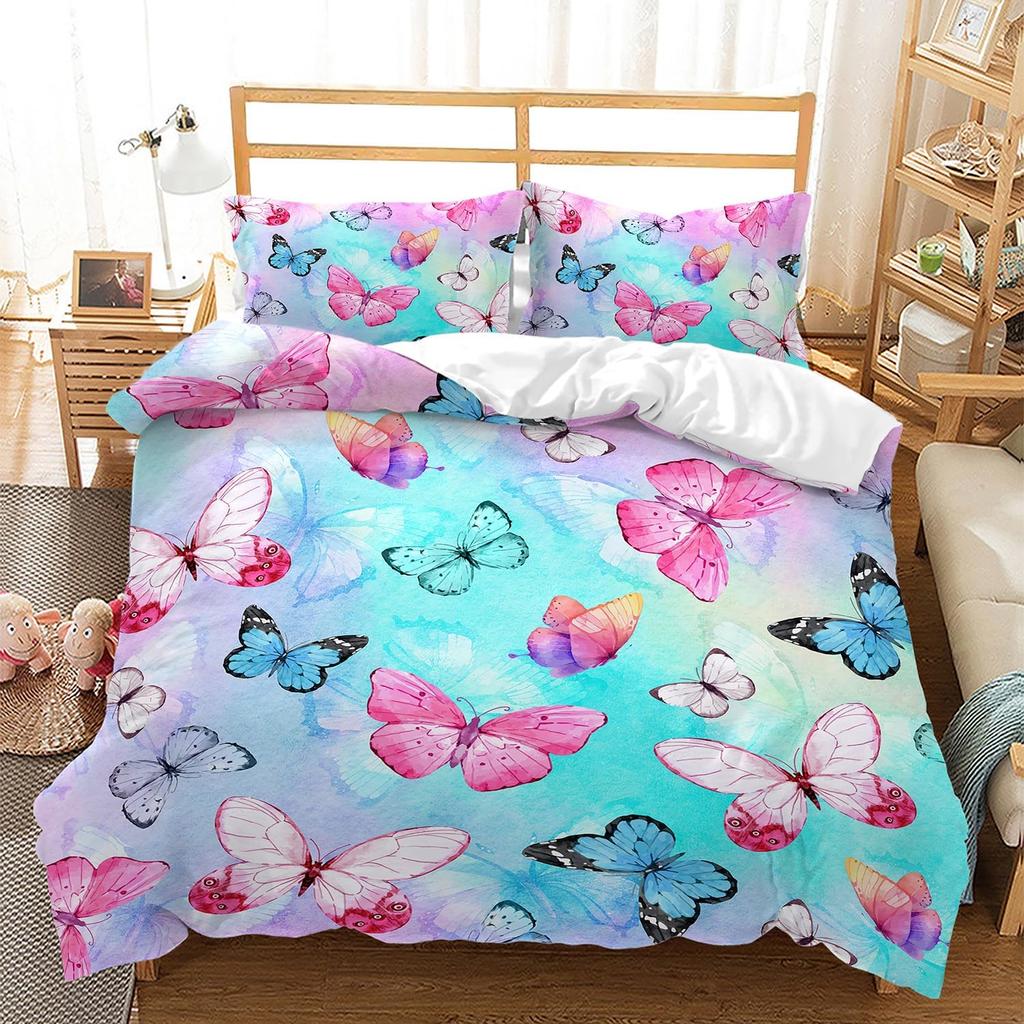 Butterfly Duvet Cover Set Queen King Size Sparkly Blue Butterflies Bedding Set Boho Style Quilt Cover Set For Girls Kids 3 Pcs