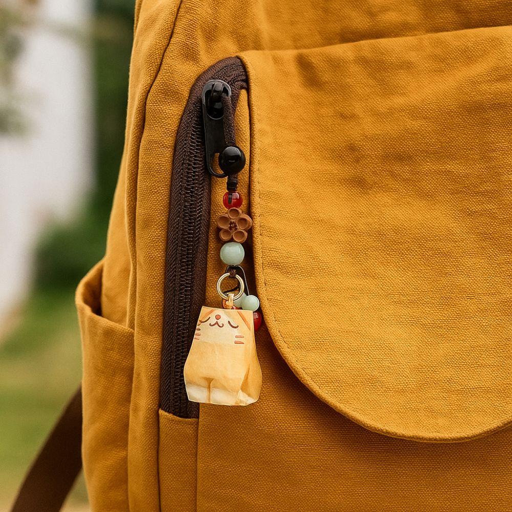 Weave Rope Wooden Carved Cat Keychain Beads Car Keyring Creative Wood Kitty Dolls Pendant  Students