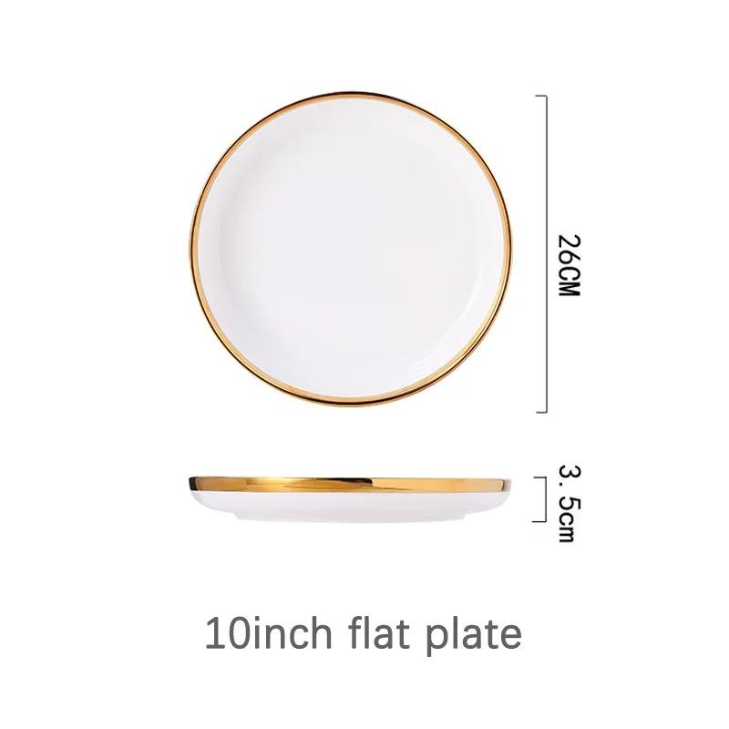 Gilt Rim White Porcelain Dinner Tray Food Dishes Rice Salad Noodles Bowl Ceramic Plates Bowls Kitchen Plates Ceramic Tableware