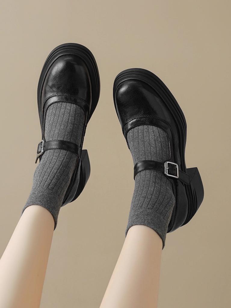 Lambskin high heels round head thick sole Mary Jane shoes women's 2025 new spring and autumn retro thick heel light mouth single shoes