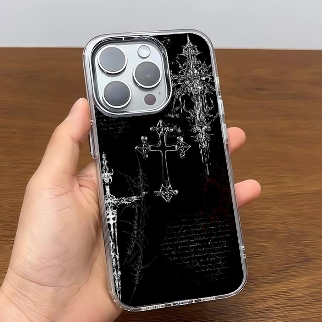 Phone Case For iPhone 17 16e 16 15 14 13 12 11 Pro Max  8 7 Air Plus Transparent Soft Cover Gothic Cyber Sigil Cross