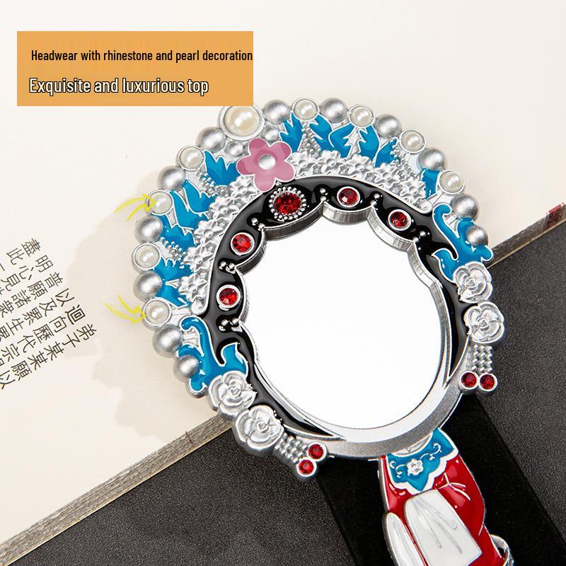 Retro Chinese Peking Opera Character Face Paint Metal Pocket Mirror – Handheld & Desktop Dual-use.