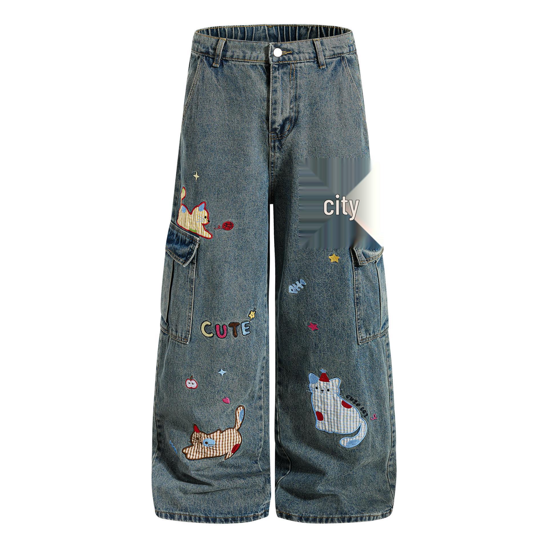 

Guan Qu 2026 Spring Sweet Cartoon Denim Pants for Women M синій
