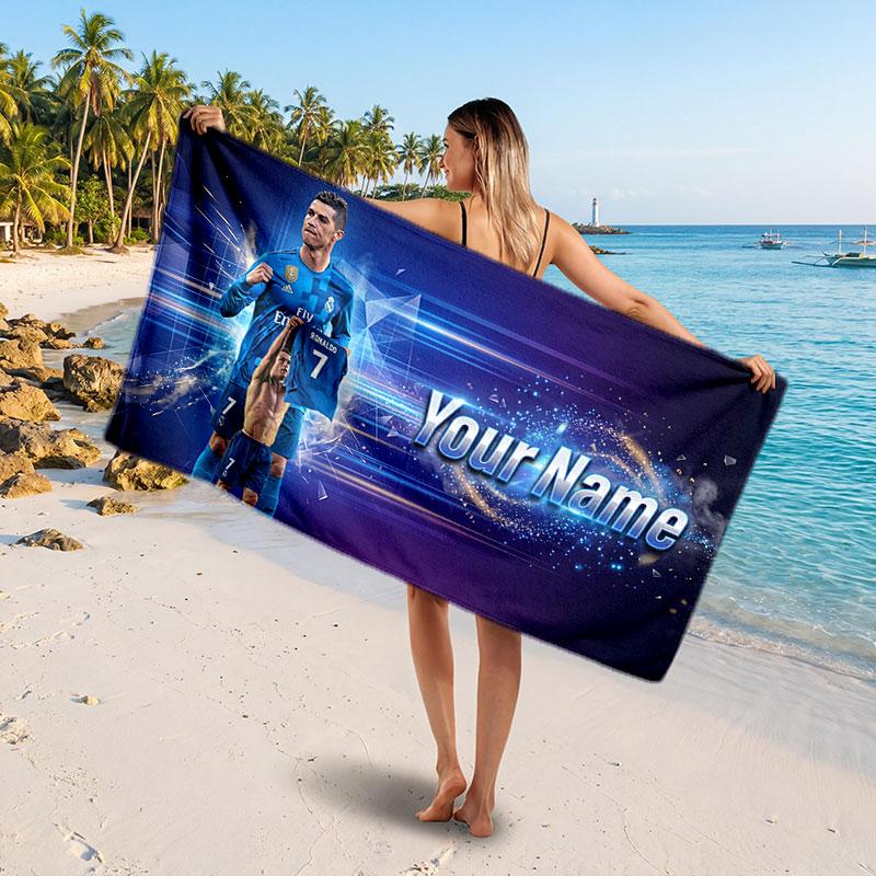 Cristiano Ronaldo Custom Beach Towel, Personalized Name Text Print, Football Logo Soft Quick‑Dry Towel Holiday Gift