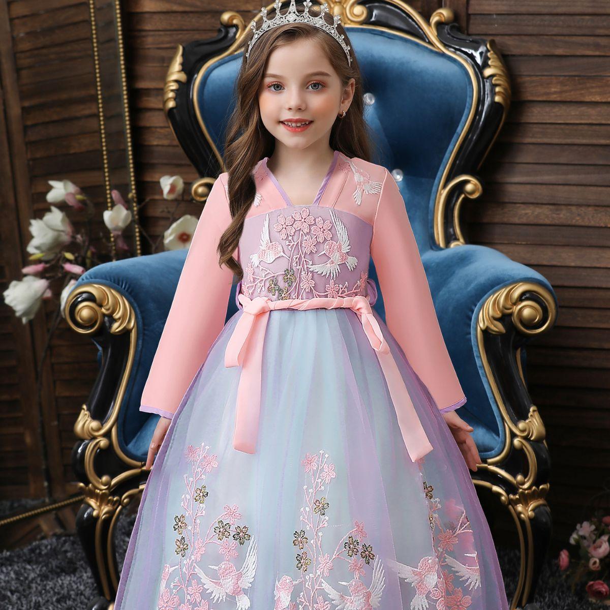 

Весеннее детское платье Hanfu для девочек в стиле Тан, вышитое в стиле Древней Сказки, юбка, платья для вечеринок и банкетов 130cm розовый