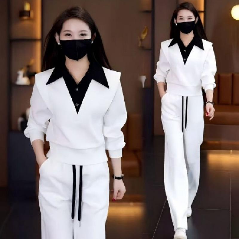 Mamba Spring and Autumn Fashionable Casual Design Fake Two-piece Tops Wide-leg Pants Two-piece Set