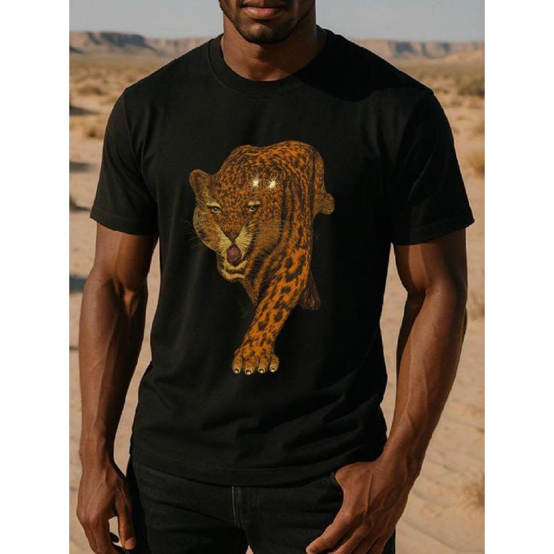 

European sizes Powerful Leopard Men s Printed Short-sleeved T-shirt, Men s Simple Knitted T-shirt, Men s Casual Printed Shirt 4XL чорний