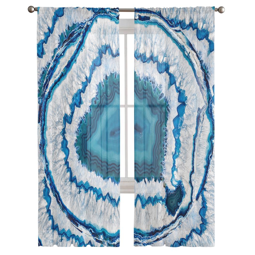 Retro Agate Texture Blue Tulle Curtains For Living Room Home Decor Window Curtain Kitchen Sheer Voile Curtain