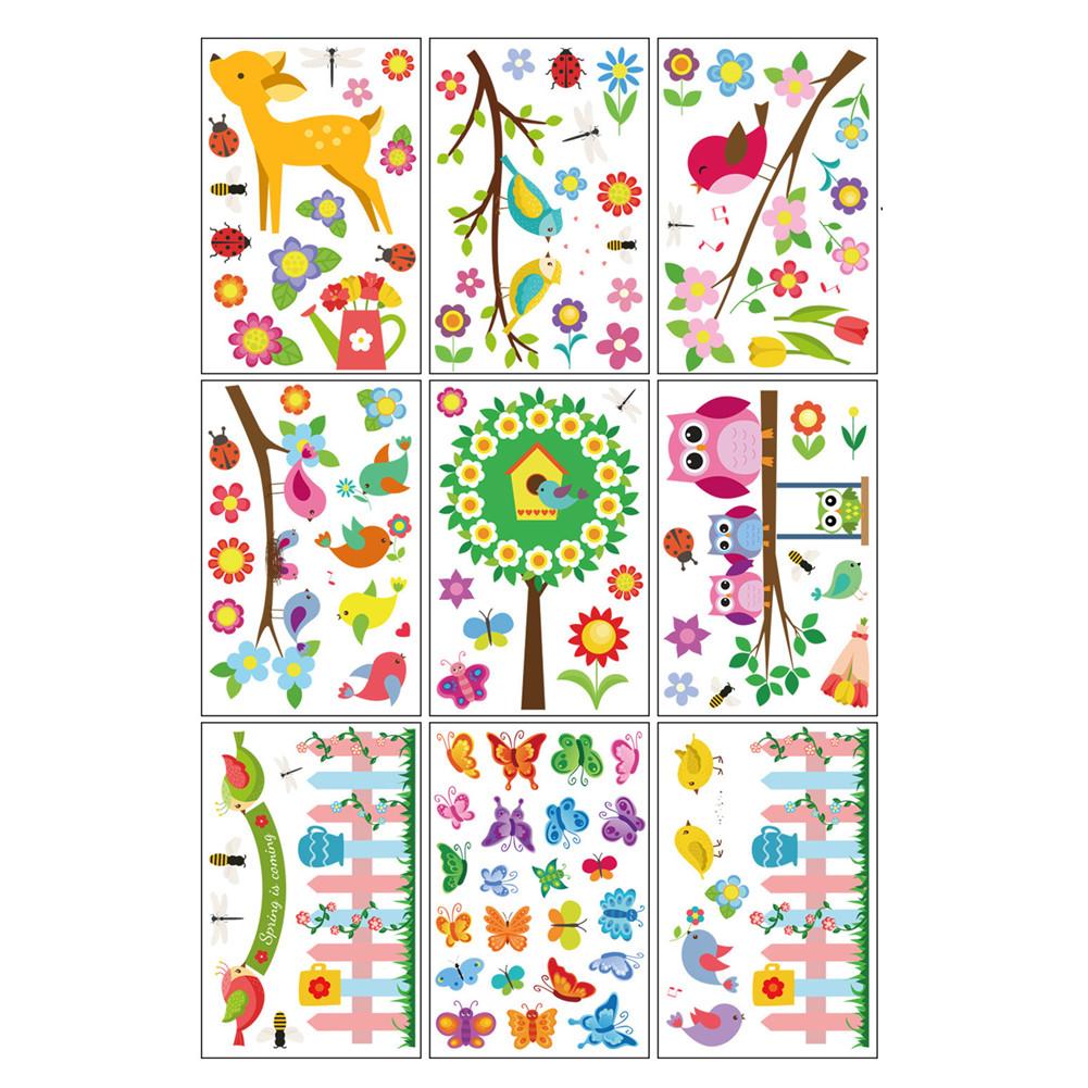 107pcs 9 Sheets Spring Window Stickers Cartoon Bird Branches Flowers Butterfly Window Clings Decals 20x30cm x 9 sheets