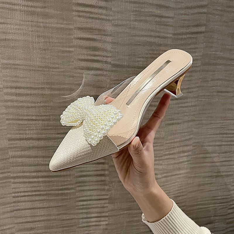 Baotou Half Slippers Women's 2025 New Women's Shoes Summer Bow Pointed Fairy Wind Thick Heel Pointed Cold Slippers