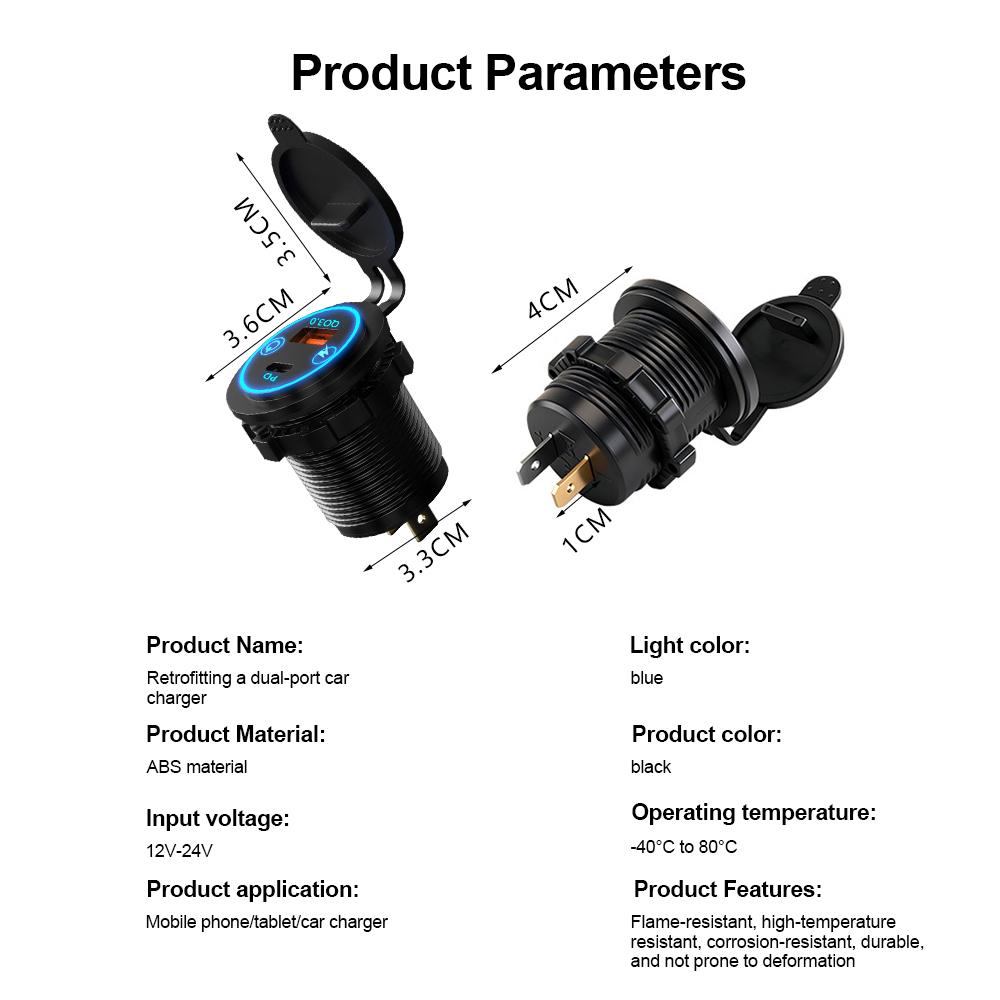 IP65 Waterproof 12-24V Car Charger Socket, PD QC3.0 Dual USB Type C Fast Charging Power Outlet with ON/OFF Switch for Motorcycle, Truck, RV, ATV, Boat