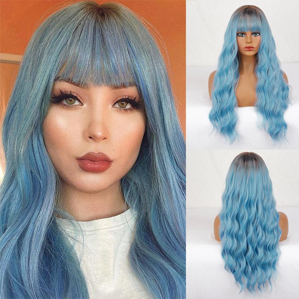 XINRAN Women Long Wavy Wig with Bangs Synthetic Fiber Natural Water Wave Black Long Wig for Daily Wear Cosplay