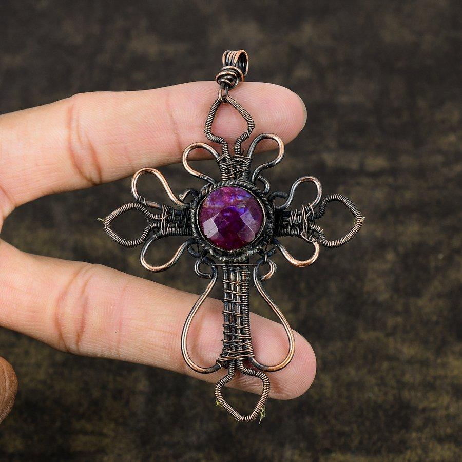 Ruby Natural Gemstone Handmade Copper Wire Wrap Jewelry Pendant 3.55" Y7j05