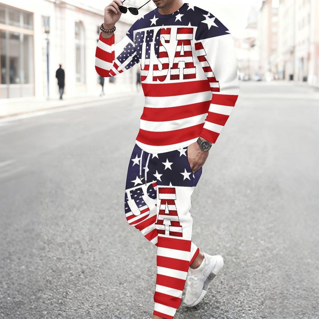 Men Sunflower Skull Flag Print Long Sleeve Sweatshirt And Drawstring Jogger Pants Casual Two Piece Streetwear Outfit