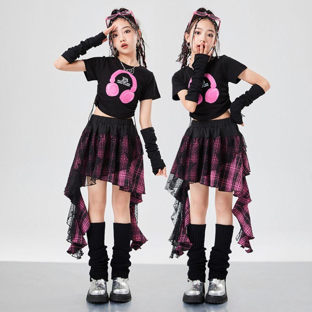Jazz Children Dance Costume Streetwear T-shirt Plaid Skirt Set Fashion Y2k Outfits Suit  Stage