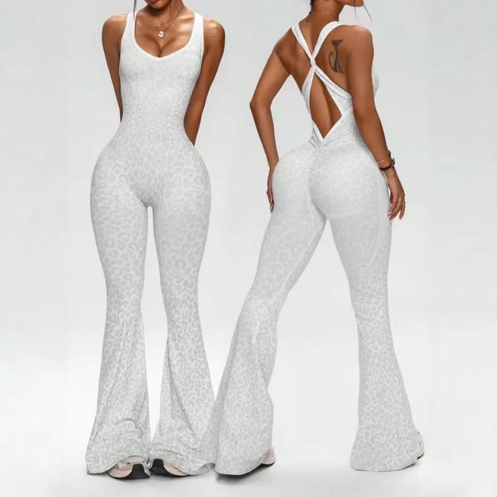Neuer Jumpsuit mit Kreuzrücken und Leopardenmuster, ausgestellte Hosen, nahtlose Yogahose für den täglichen Gebrauch und Outdoor-Sportarten