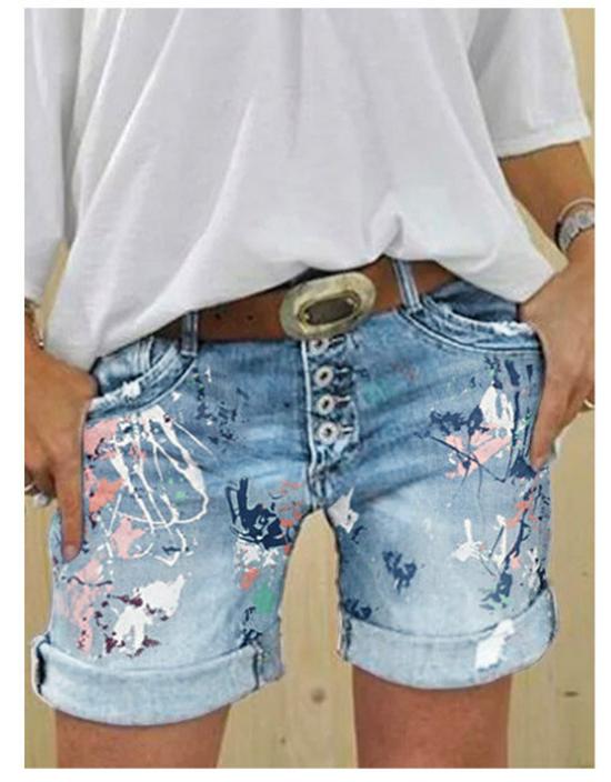 Cross-Border Women's Denim Shorts: Buttoned, Slim Fit, Half-Body Print, Casual, Elastic, Versatile Hot Pants