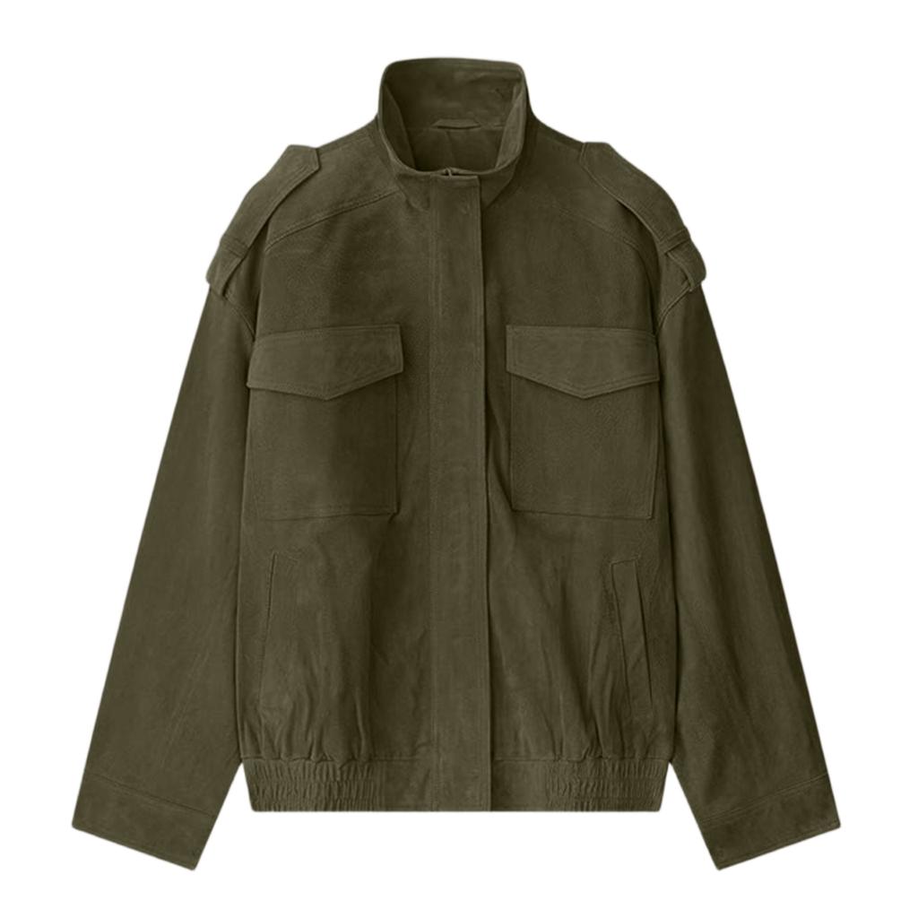 Women's Fashionable Long-sleeved Stand-up Collar Suede Pocket Fleece Texture Jacket