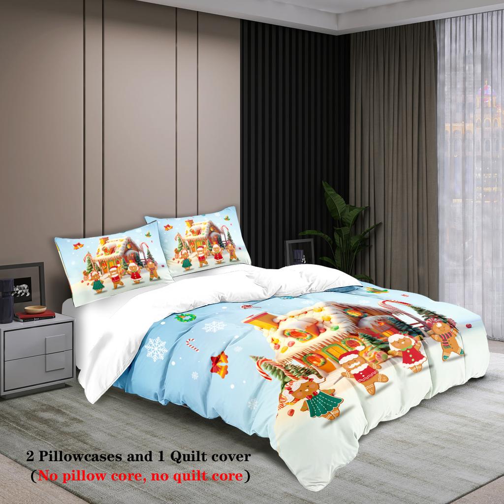 3-piece Christmas gingerbread man pattern print (1 duvet cover+2 pillowcases, no core) comfortable bedding set