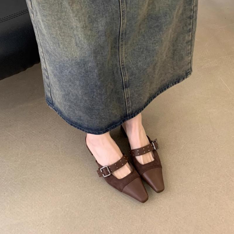 Low Shoes Cover Toe Woman's Slippers Square Heel Slides Med 2025 Block PU Fabric Rome Hoof Heels Rubber Shoes Low Cover Toe Squa