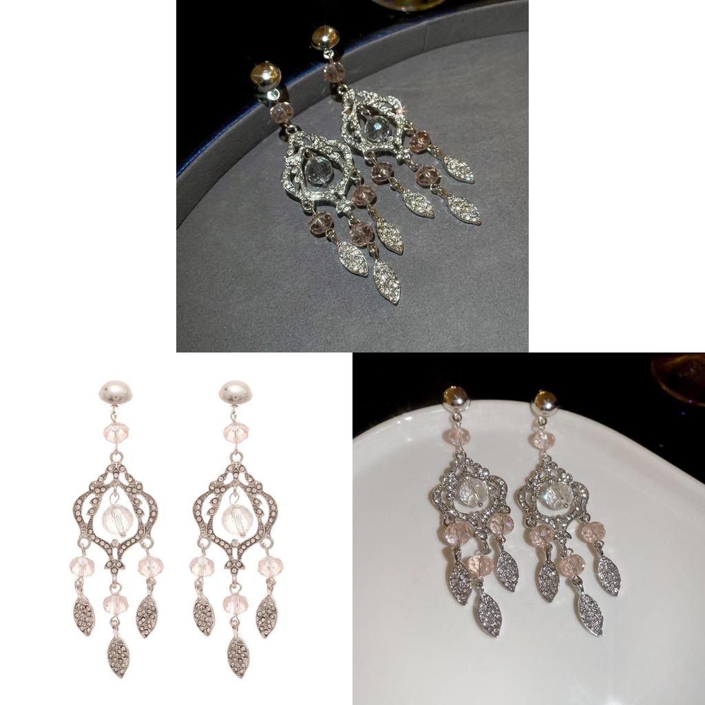 Vintage Leaf Dangle Earrings With Rhinestone Glass Beads For Women
