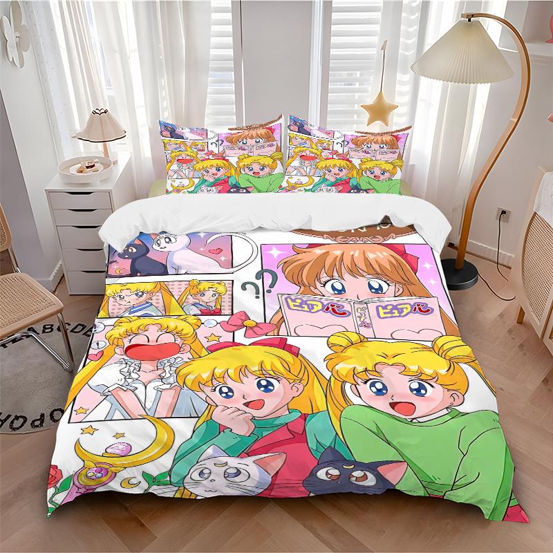 3pcs Day in the Life of Sailor Moon Printed Quilt Set - Includes 1 Quilt Cover and 2 Pillowcases, Machine Washable - Suitable for All Seasons.W02