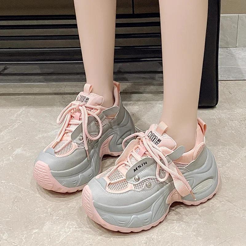 7.5CM New 2025 Summer Women Platform Sneakers Thick Bottom Breathable Mesh Casual Chunky Shoes High Heel Sports Dad Shoes Woman