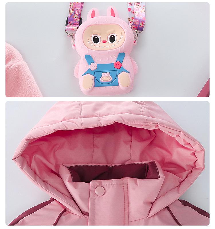 Girls' Fleece-Lined Windproof Jacket Set with Bag for Toddlers/Little Kids, Thick Autumn/Winter Coat with Cotton Lining