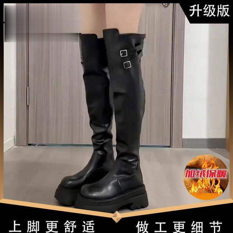 

Женские ботфорты 2025 осень и зима новая ретро круглая голова толстая подошва высокие сапоги толстый каблук бархатные эластичные тонкие сапоги 37