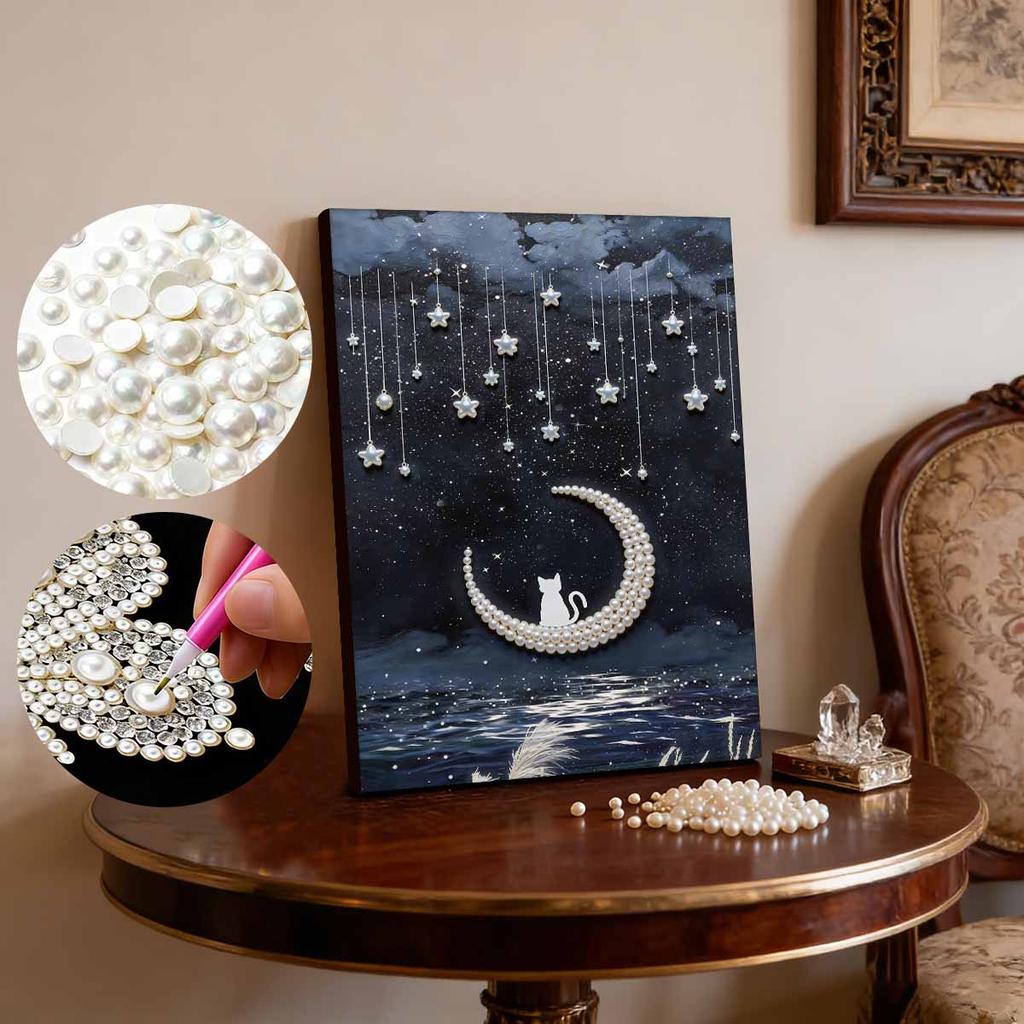 Pearl DIY Moon and Cat Art Kits 15.7x19.6inch Gem Art Pearl Painting Kits Without Frame for Adults Gift Idea Home Wall Decor