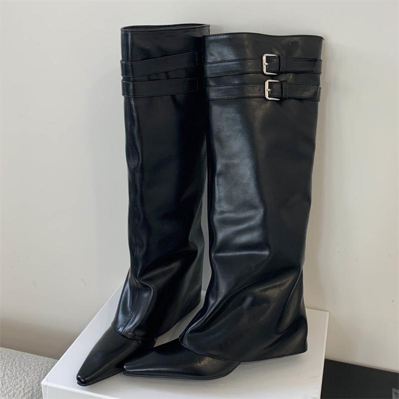 Street Style Fashion Pointed Toe Buckle Strap Women Knee High Boots Thin Low Heels Party Winter Long Boots Ladies Shoes