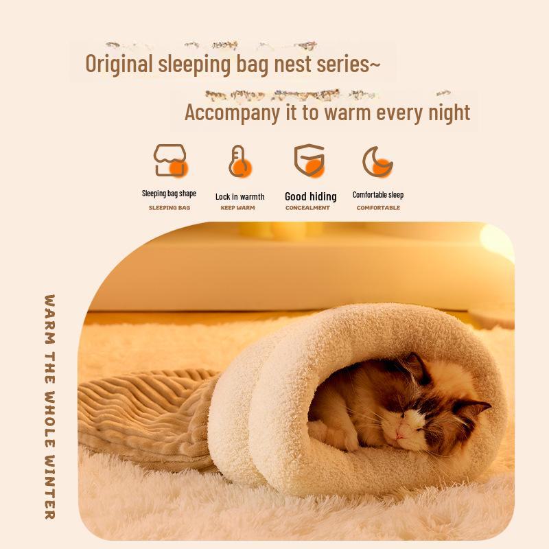 2024 Autumn/Winter Cozy Cat Bed: Enclosed Sleeping Bag for Kittens & Small Dogs with Sense of Security
