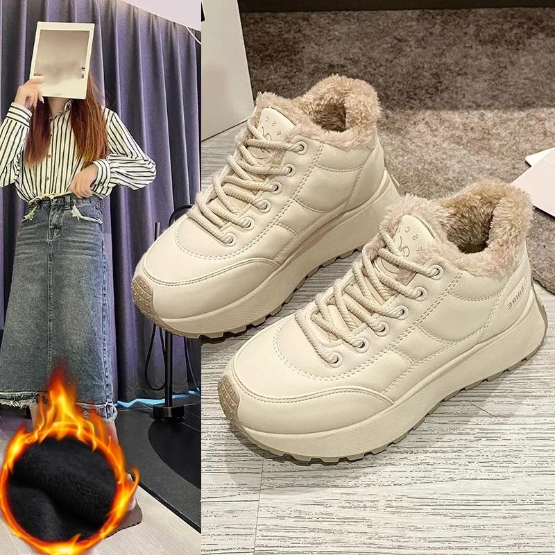 

Жіноче взуття Плюс Оксамитові Товсті Зимові Чоботи Жіночі Зимові Маленького Розміру Товсті Шкіряні Платформні Черевики 39 бежевий