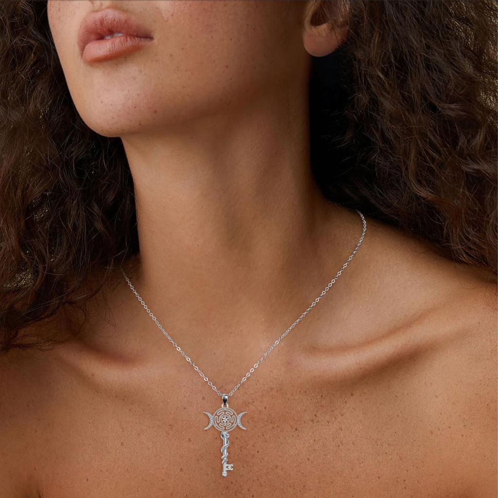 Oryginalny Naszyjnik z Wisiorkiem Koła Hekate Tajskie Srebro Wąż Klucz Potrójna Bogini Księżyca Łańcuszki Wicca Magiczna Biżuteria